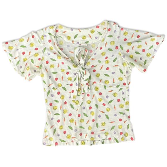MOTHER Tops - Vintage Tie Front Ivory Vegetable Print Carrot Tomato Peas Lettuce Tee size S